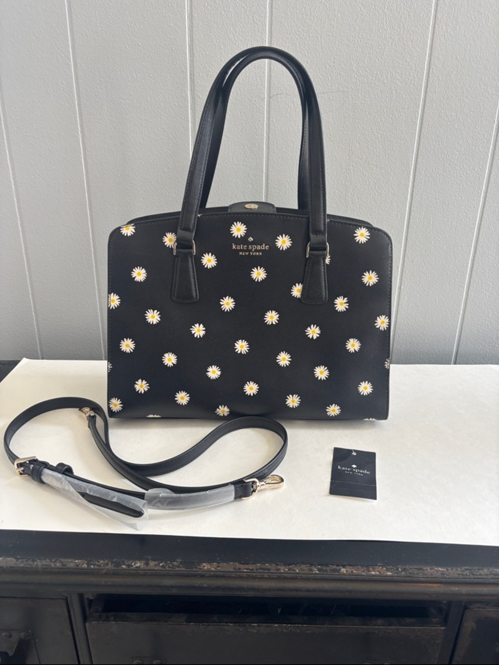 kate spade Black Daisy Print Satchel with Yellow Centers